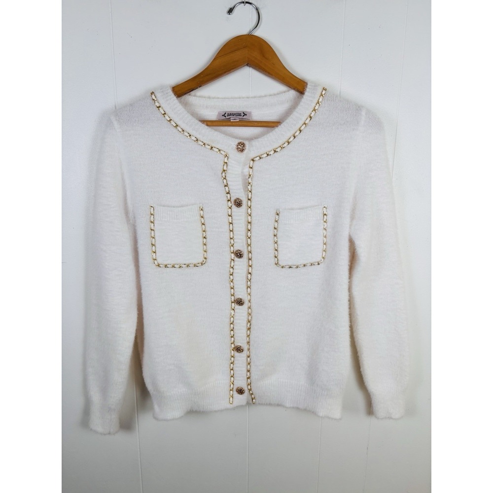 Nanette Lepore White Cardigan Chain Trim Sweater Women's Medium Gold‎ Buttons
